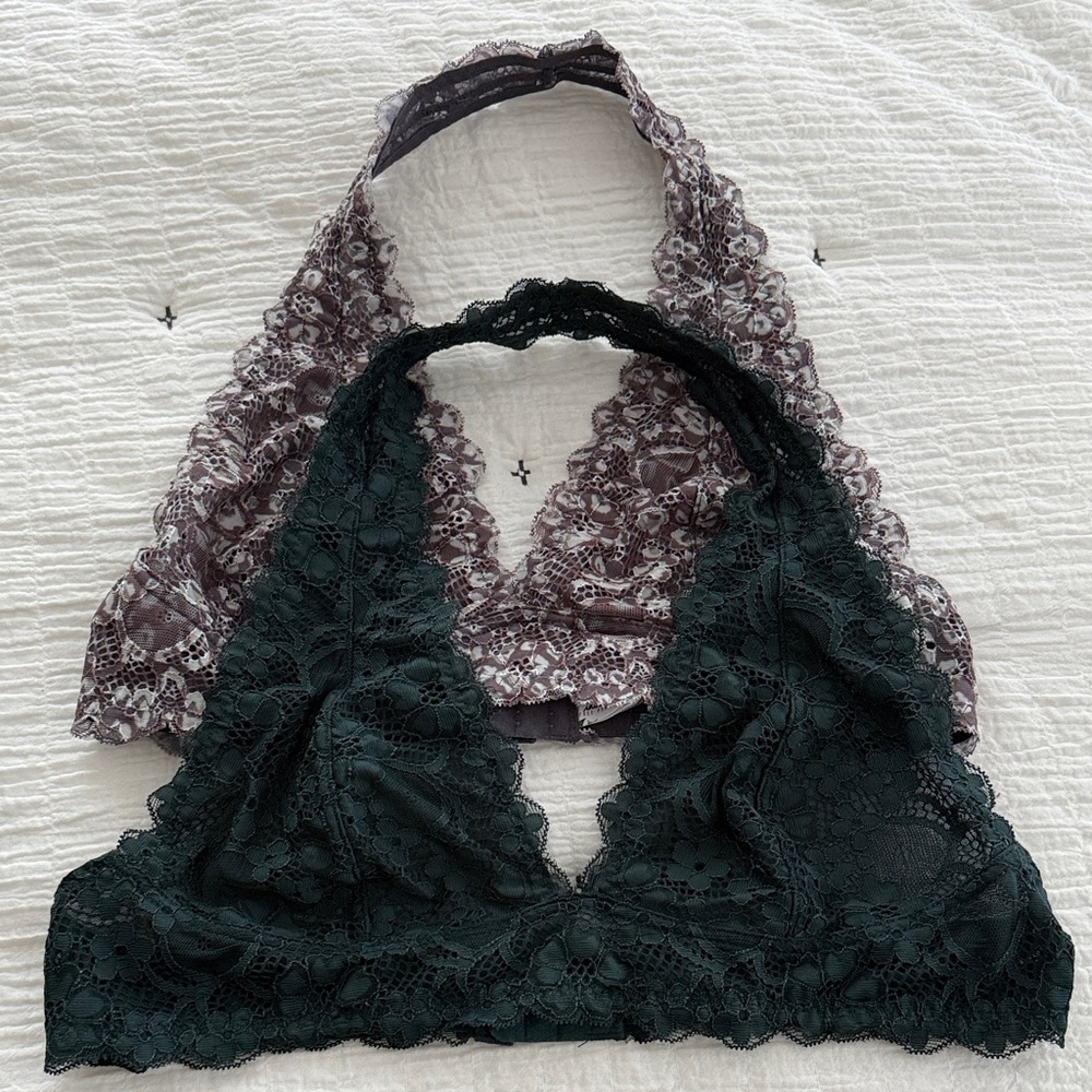Lace Halter Bralette Set - Dark Green and brown blue floral L